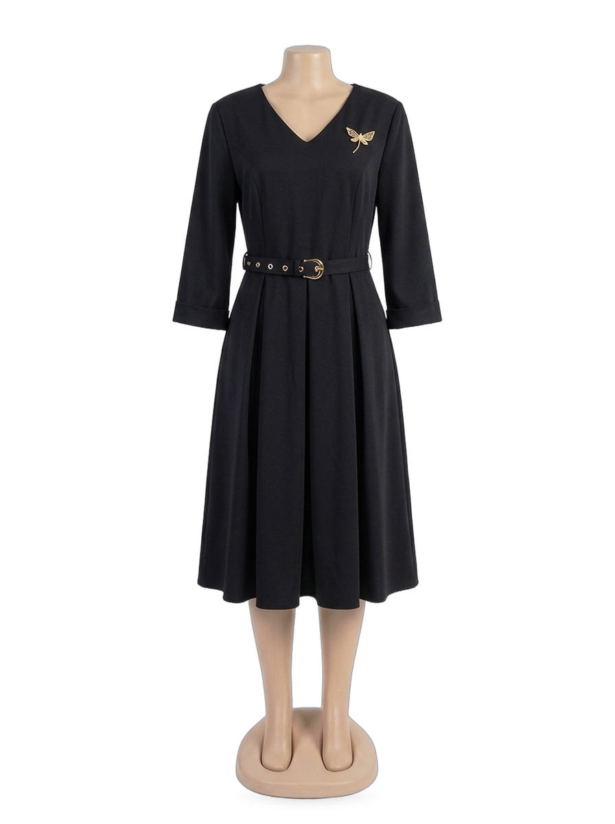 Midnight Black Dragonfly Belted Midi Dress